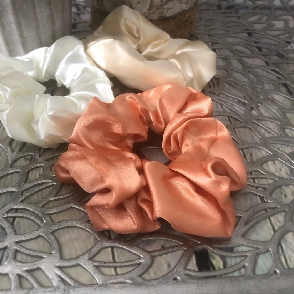 3 New Silk Scrunchies White, Creme, Peach colors